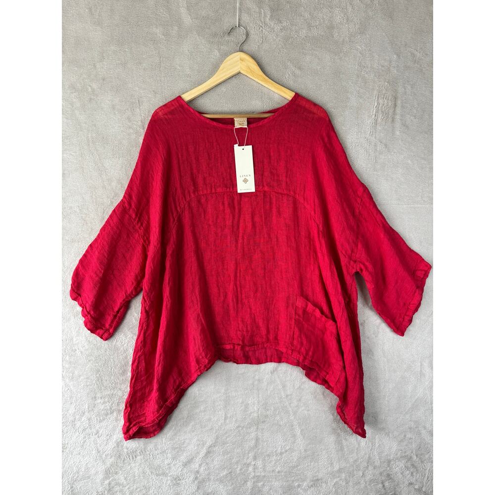 NEW Carmella Pink Red Linen 1/3 Shirt One Size Blouse Boho Lagenlook Relaxed Top